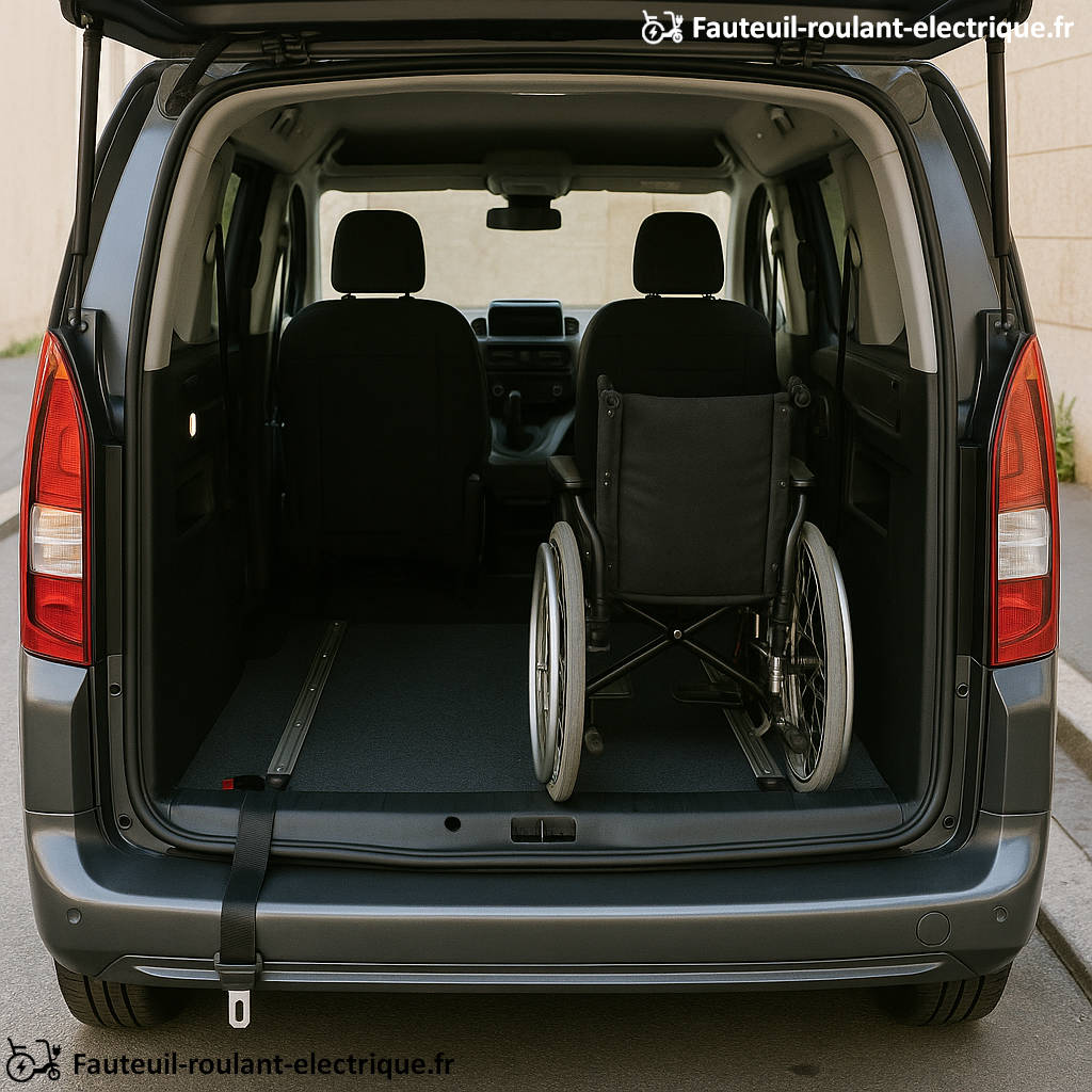 fauteuil roulant arrimé dans voiture