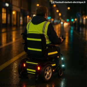 fauteuil roulant visible la nuite bandes réfléchissantes